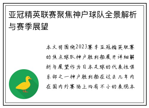 亚冠精英联赛聚焦神户球队全景解析与赛季展望